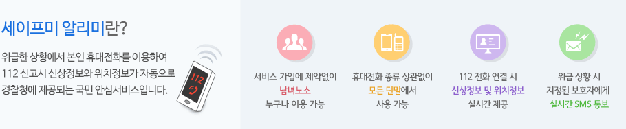 안전한 대한민국 만들기! 왜 세이프미인가? 서비스가입에 제약없이 남녀노소 누구나 이용, 휴대전화 종류 상관없이 모든 단말에서 사용 가능, 112 전화 연결 시 신상정보 및 위치정보 실시간 제공, 위급상황시 지정된 보호자에게 SMS 실시간 통보